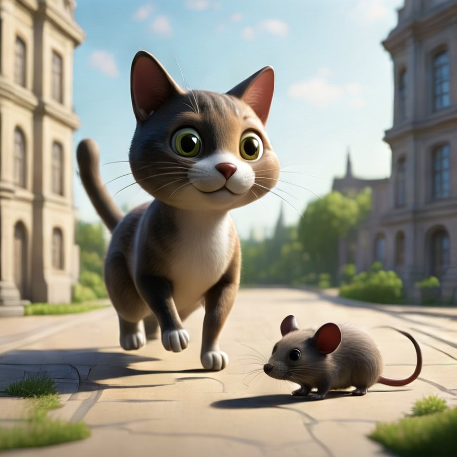 A cat trotting down a sunny street, a mouse sitting right in front of it.